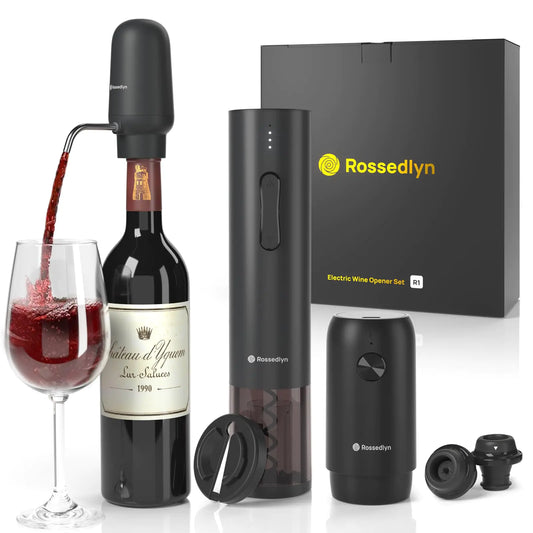 Rossedlyn Rechargeable Electric Wine Opener Gift Set - Aerator Bottle Opener, Foil Cutter, Vacuum Pump, with Stoppers.