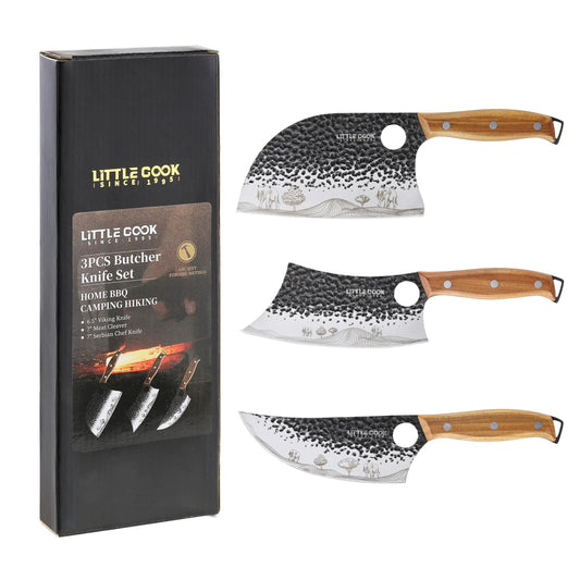 3PCS Butcher Knife -Hand Forged Set with Wooden Handles